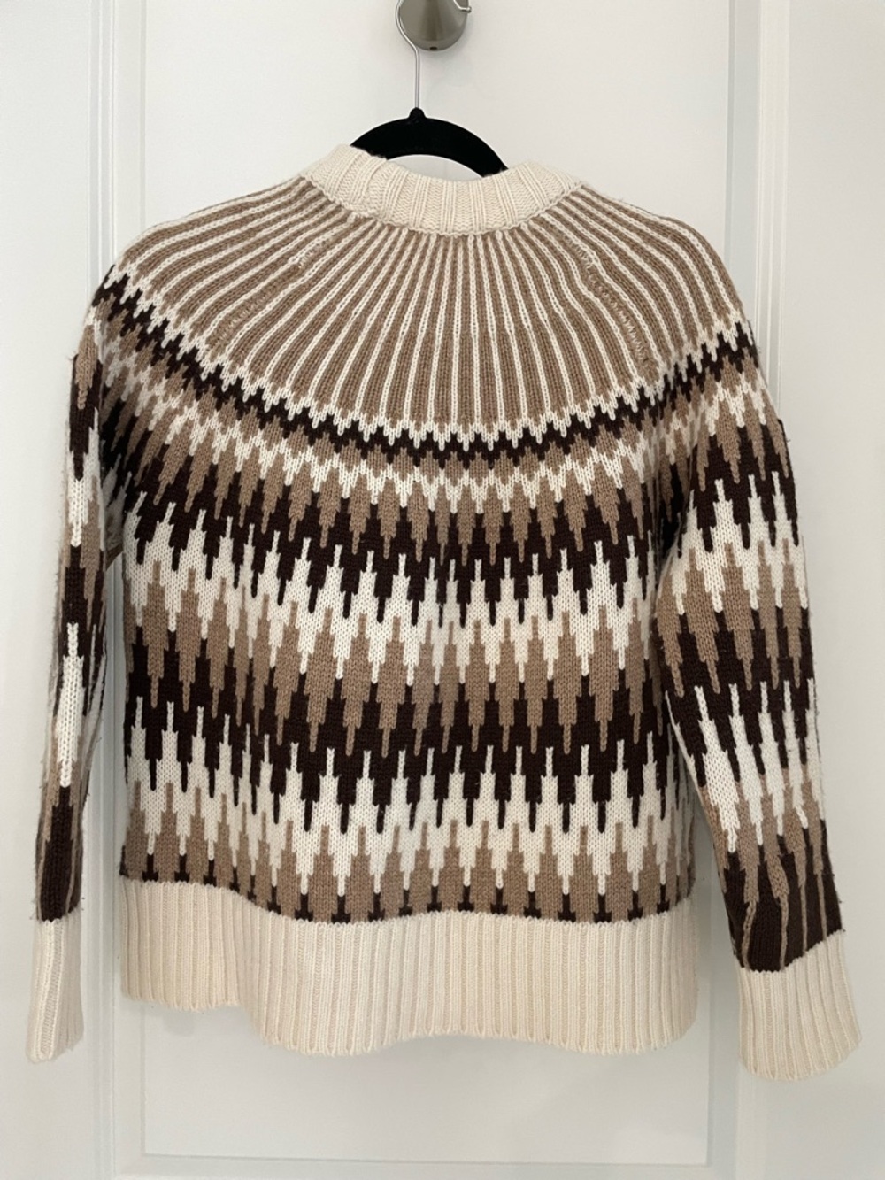 Everlane 100% Wool Fair Isle Crew Neck Sweater Bone/Brown Luxury Warm. ‎  10 - Picture 9 of 12